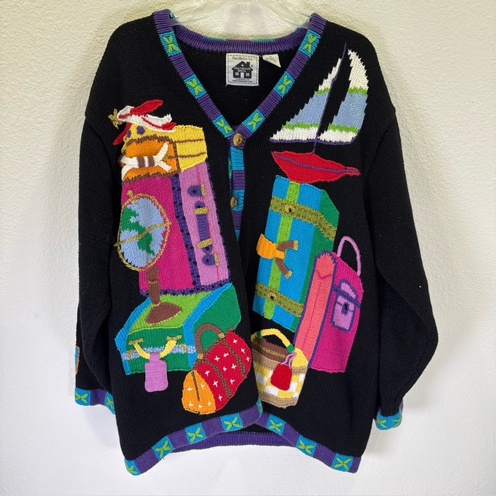 VTG Hand Knits Storybook Knits 1X Button Cardigan Sweater Embroidered Travel